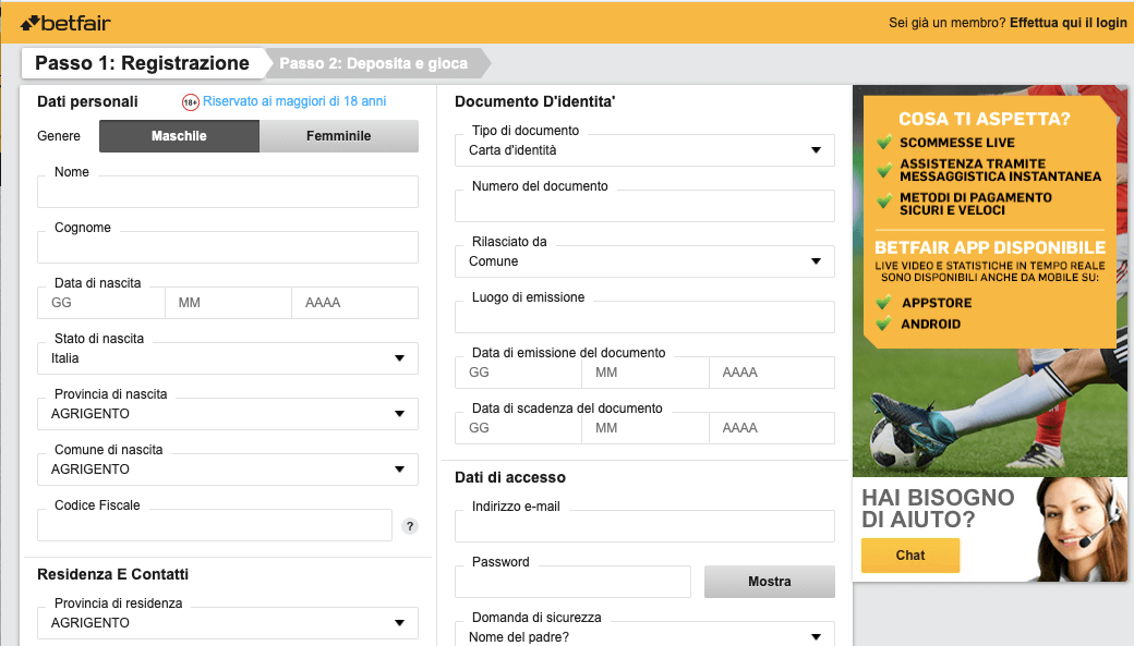 Betfair Registrazione